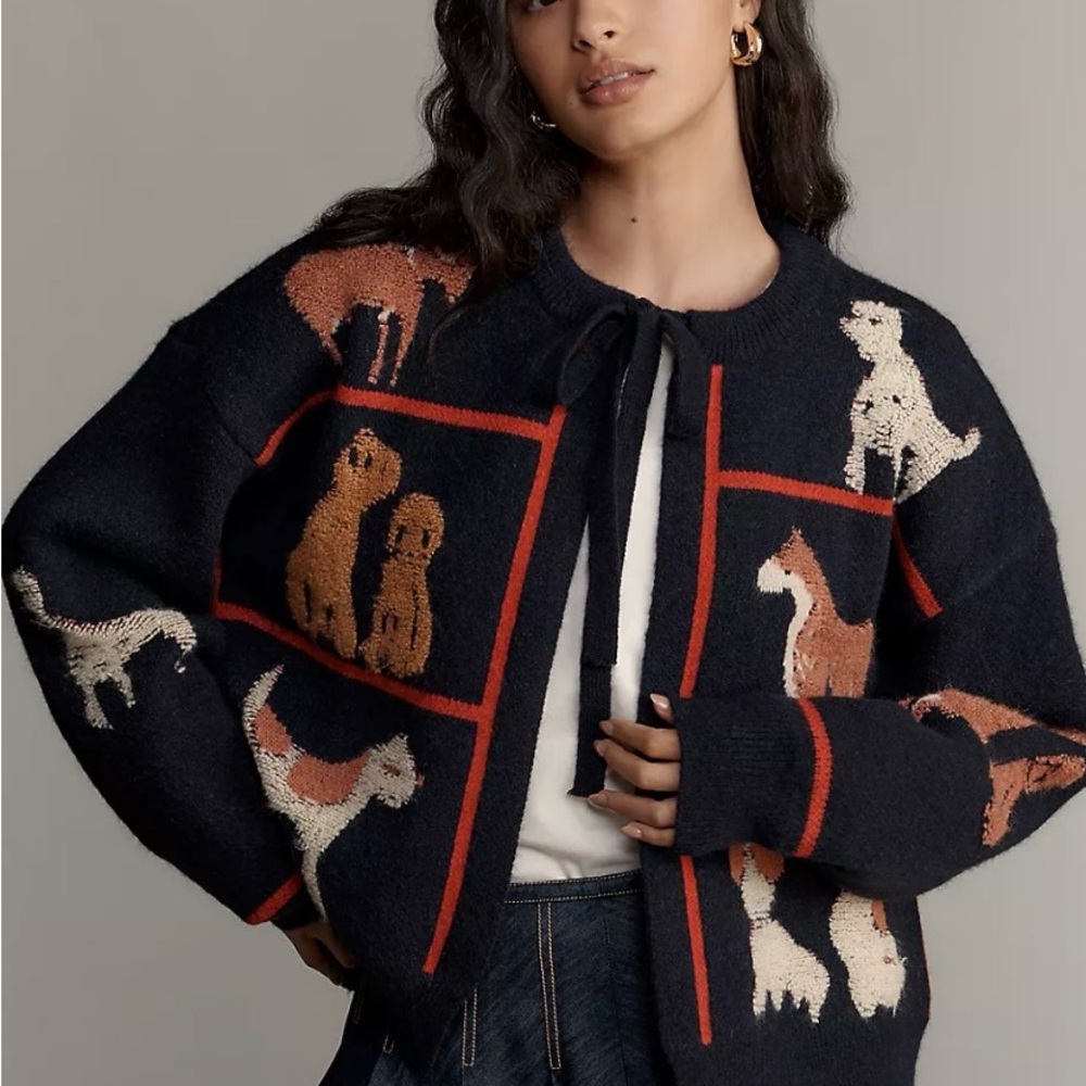 Maeve Dogs Tie-Front Cardigan Sweater